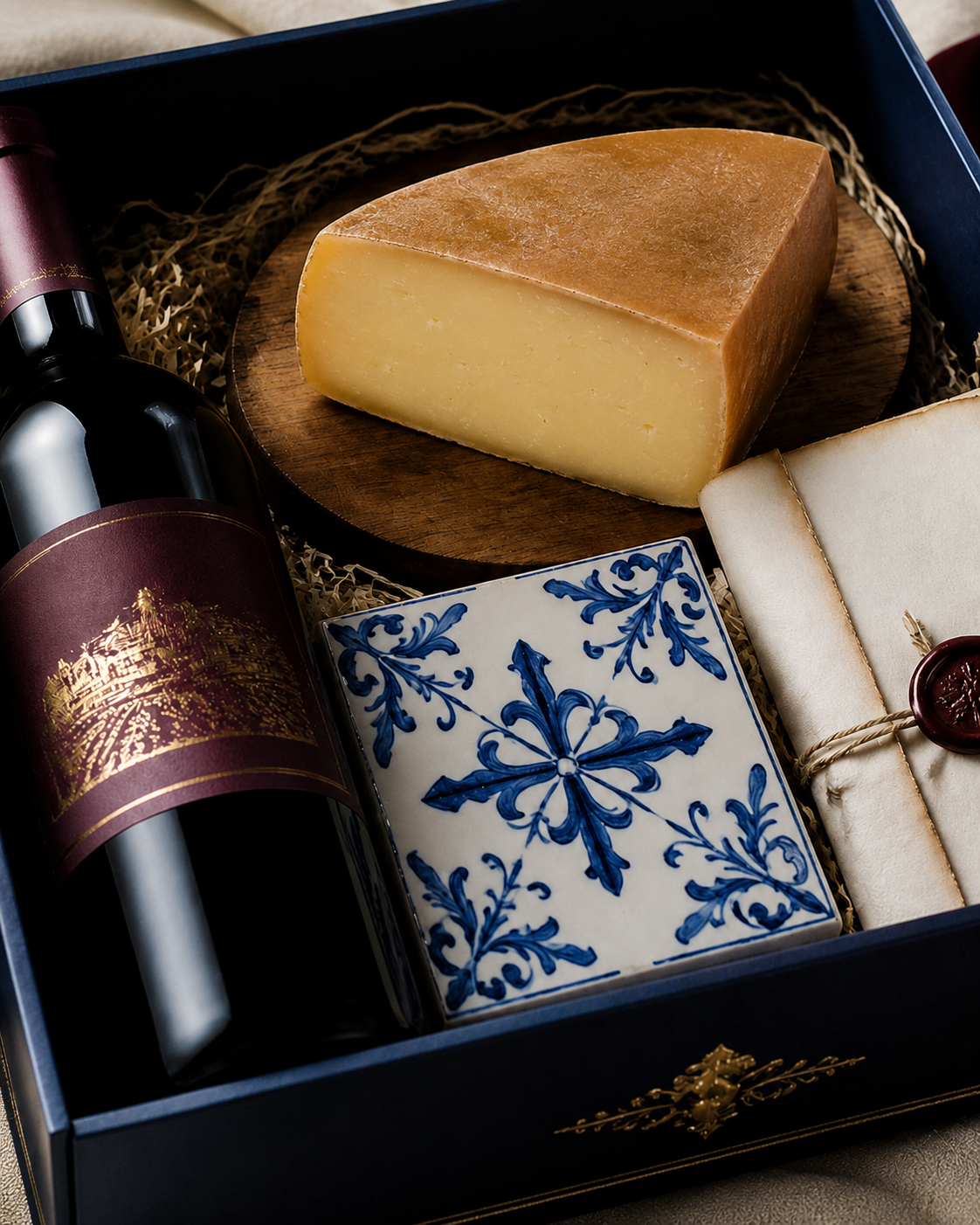 Portuguese Experience with Portuguese wine, São Jorge PDO cheese, ceramic azulejo and sealed letter.