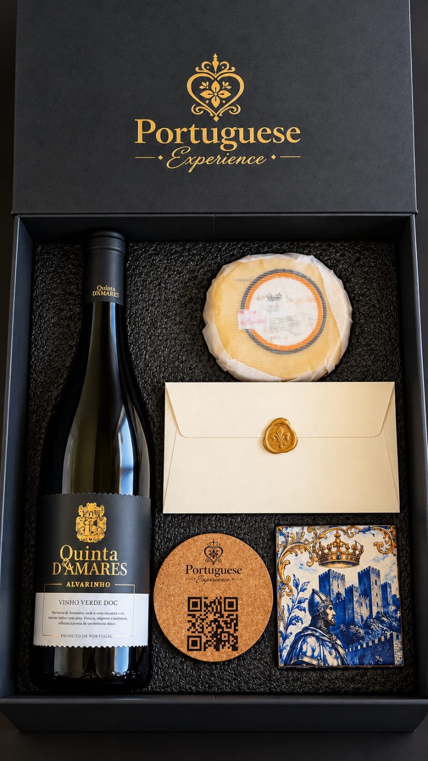Open Portuguese Experience box with a bottle of Quinta D'Amares Alvarinho, a wrapped cheese, a wax-sealed letter, a cork coaster with a QR code and a blue-and-white azulejo tile.