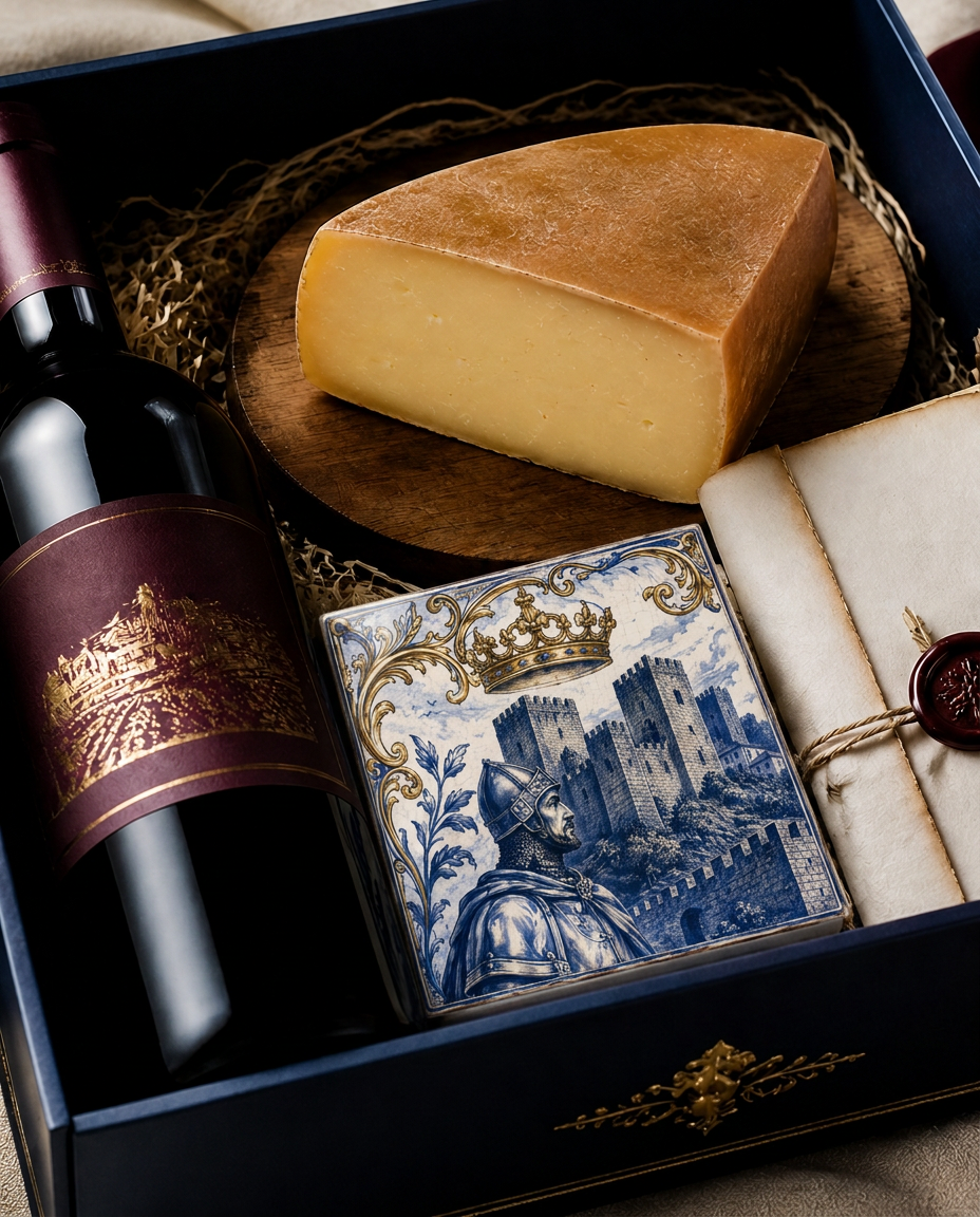 Portuguese Experience with Portuguese wine, São Jorge PDO cheese, ceramic azulejo and sealed letter.